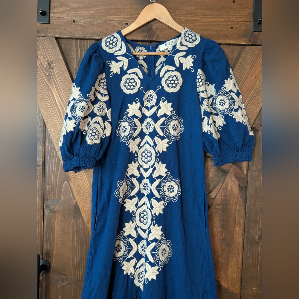 Sea New York Navy Dress with Cream Embroidery - Picture 2 of 8